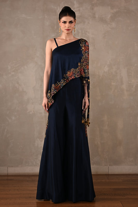 Embellished One-Shoulder Top & Flared Pants Set