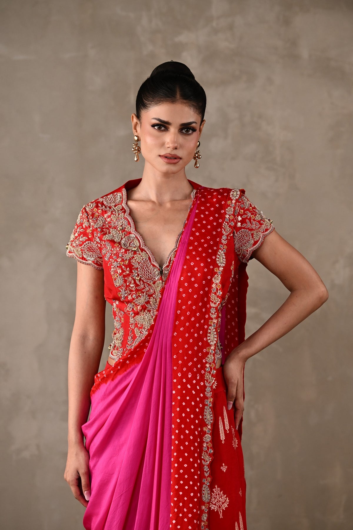 Bandhani Drape Set with Pleated Banarasi Pants