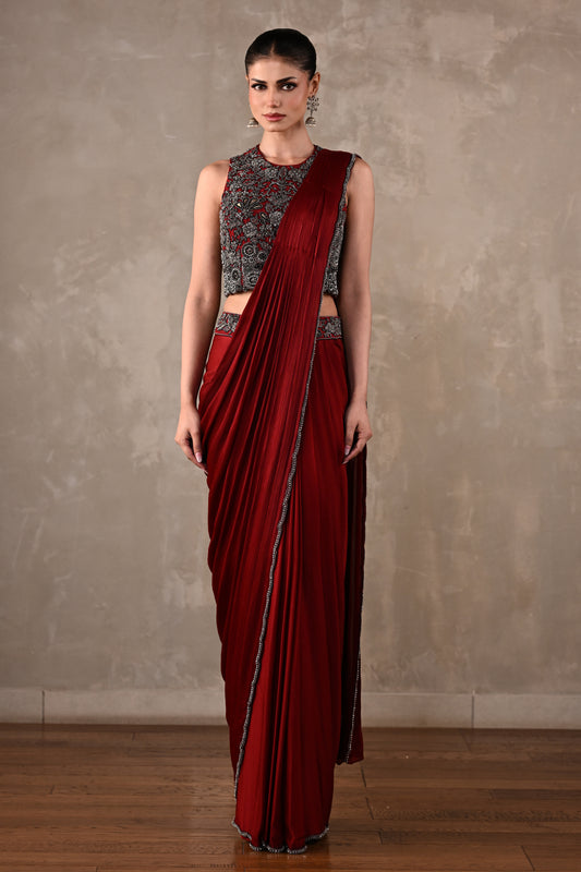 Maroon Embroidered Drape Saree Set