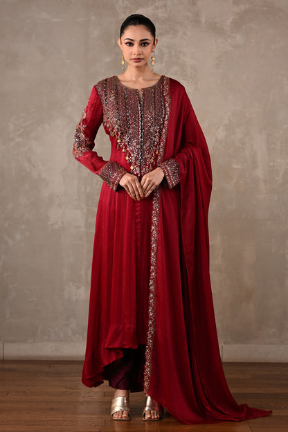 Embellished Satin Chiffon High-Low Kurta Set