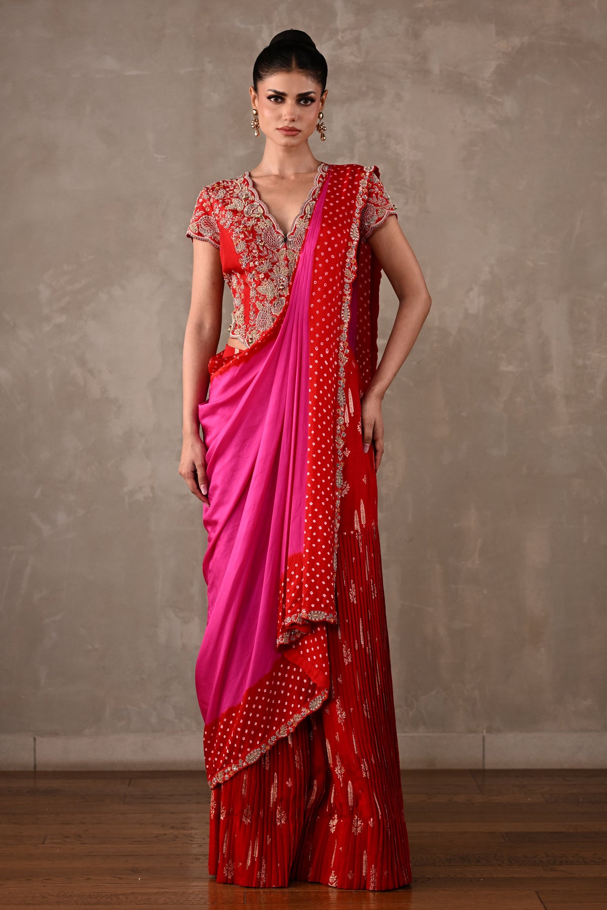Bandhani Drape Set with Pleated Banarasi Pants