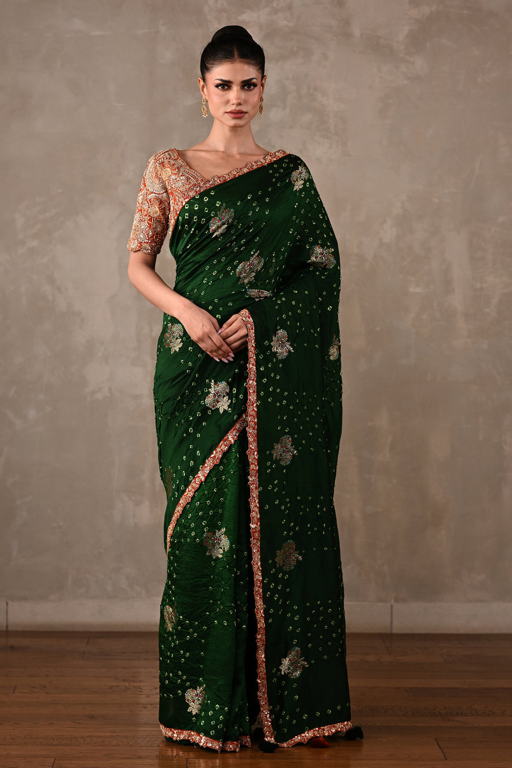 Katan Silk Bandhej Saree with Embroidered Blouse