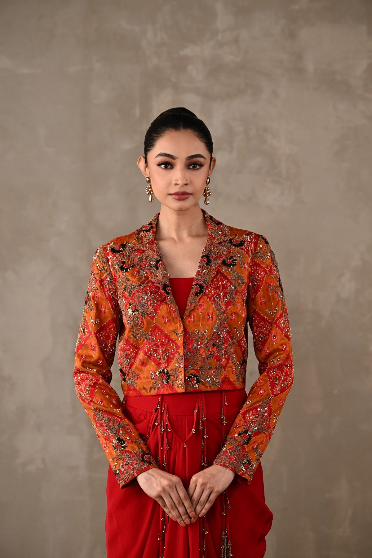 Pochampally Cropped Jacket & Drape Skirt Set