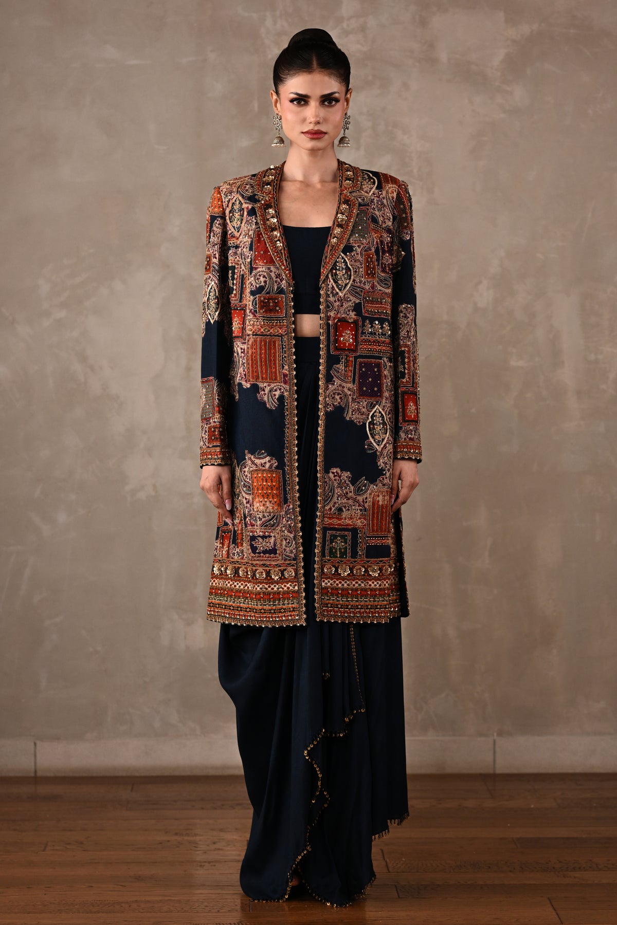 Patchwork-Inspired Long Jacket Skirt Set