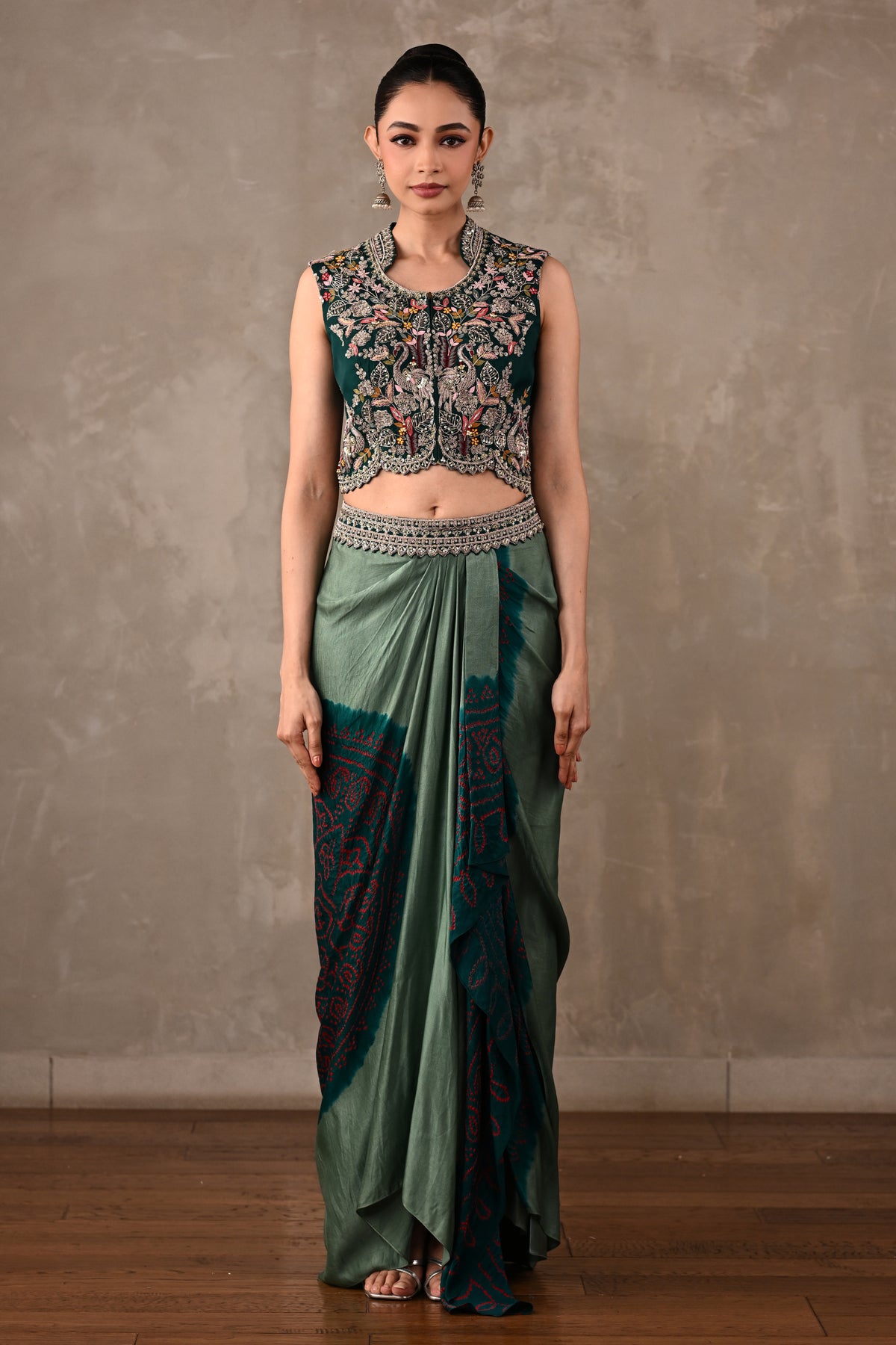 Embroidered Crop Top & Bandhej Drape Skirt Set