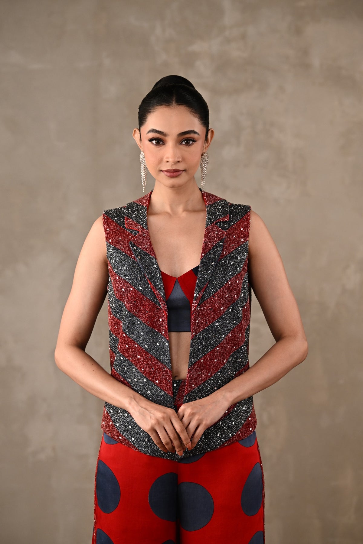 Embellished Vest & Polka Wide-Leg Pants Set