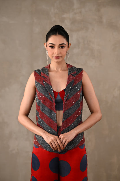 Embellished Vest & Polka Wide-Leg Pants Set