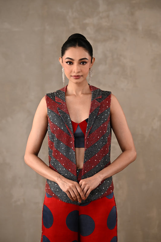 Embellished Vest & Polka Wide-Leg Pants Set