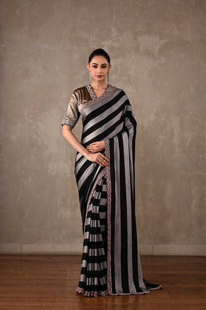 Striped Satin Saree Set