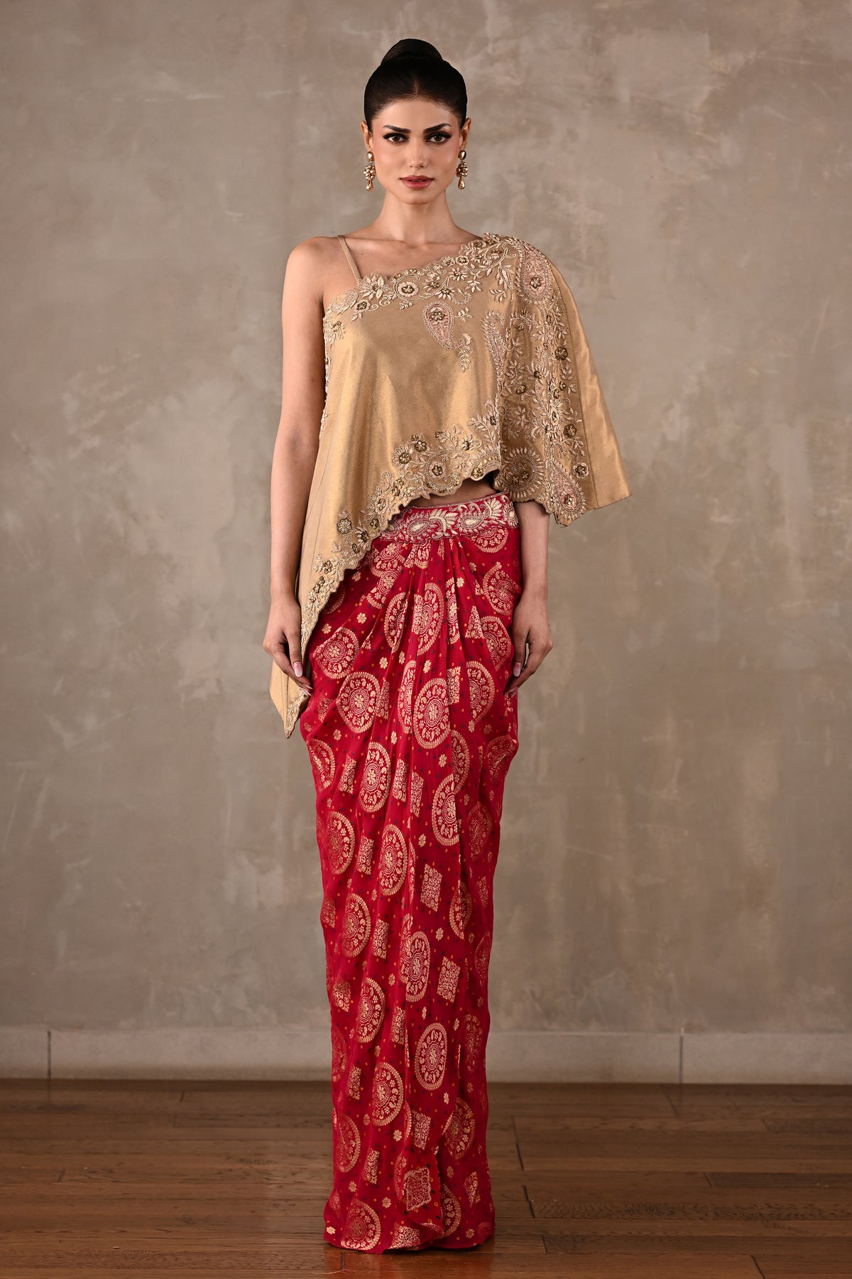 One-Shoulder Embroidered Top & Banarasi Skirt Set