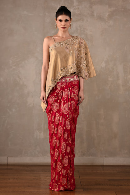 One-Shoulder Embroidered Top & Banarasi Skirt Set