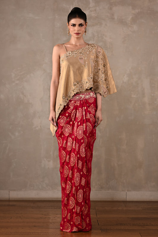 One-Shoulder Embroidered Top & Banarasi Skirt Set