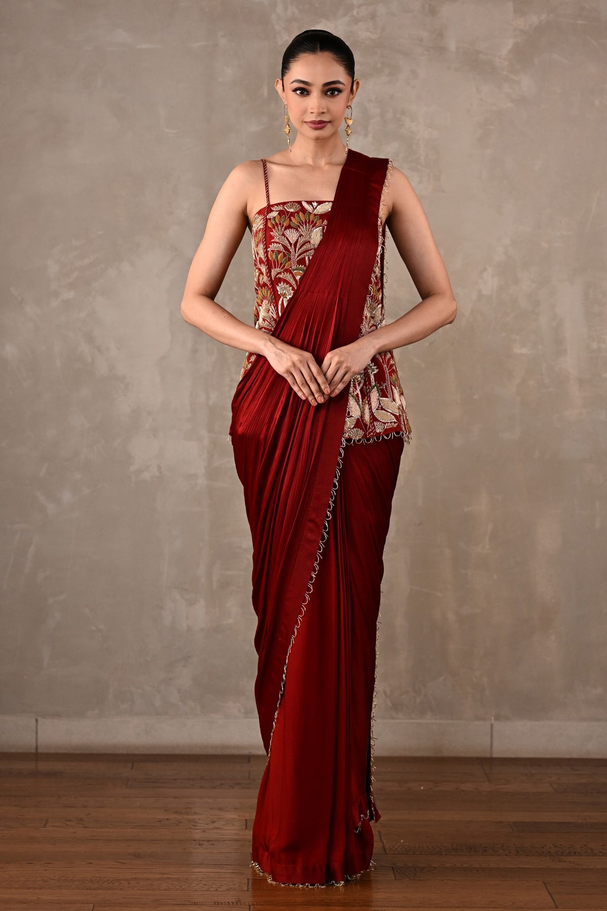 Floral Thread Embroidered Drape Saree Set