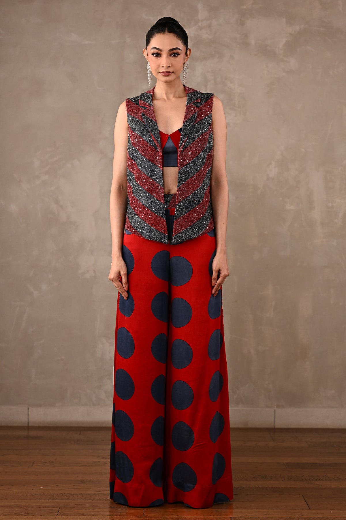 Embellished Vest & Polka Wide-Leg Pants Set