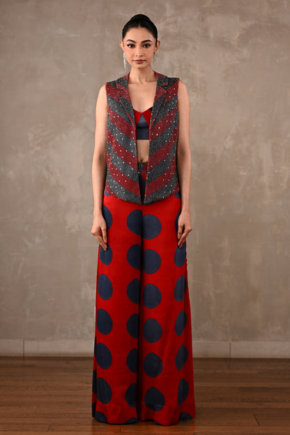 Embellished Vest & Polka Wide-Leg Pants Set