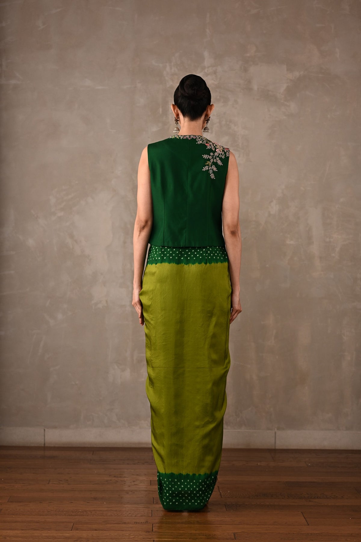 Zardosi Embroidered Top & Bandhej Drape Skirt Set