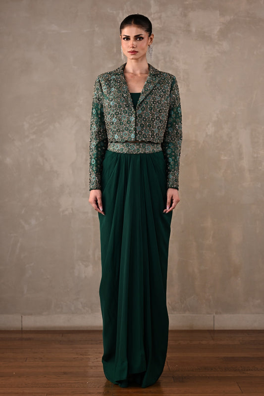 Embellished Crepe Drape Skirt & Cropped Jacket Set