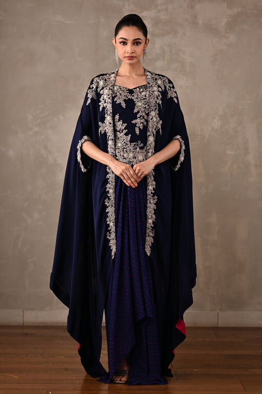 Zardosi Embroidered Cape & Bandhej Drape Skirt Set