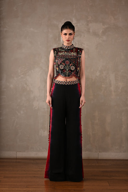 Multicolour Embroidered High-Neck Top & Shaded Pants Set