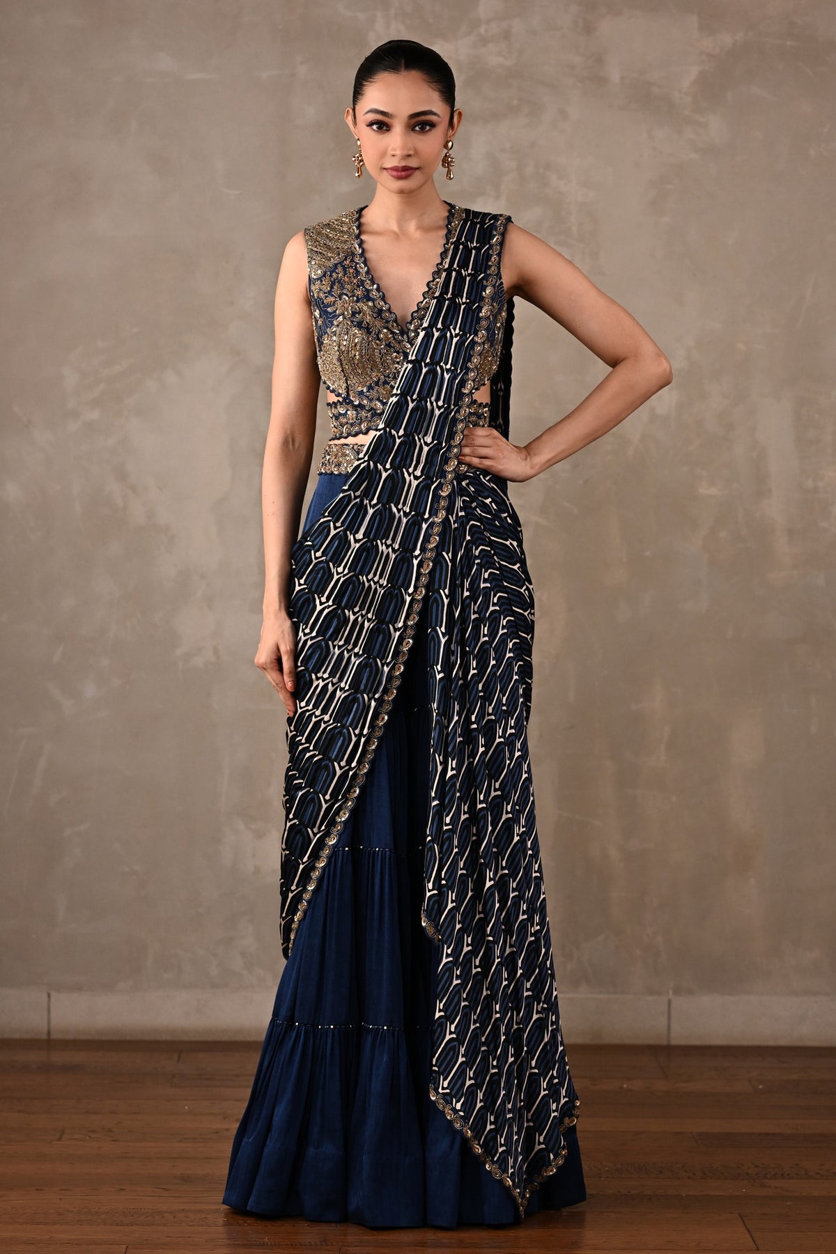 Printed Embroidered Drape Saree Set