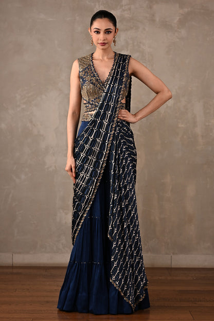 Printed Embroidered Drape Saree Set