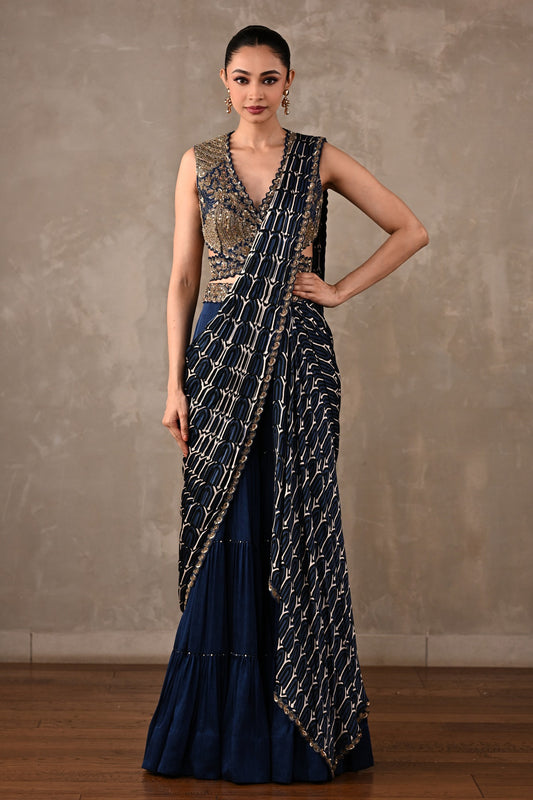 Printed Embroidered Drape Saree Set