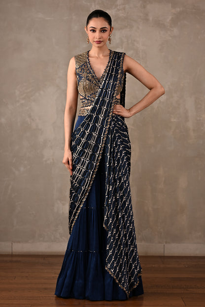 Printed Embroidered Drape Saree Set