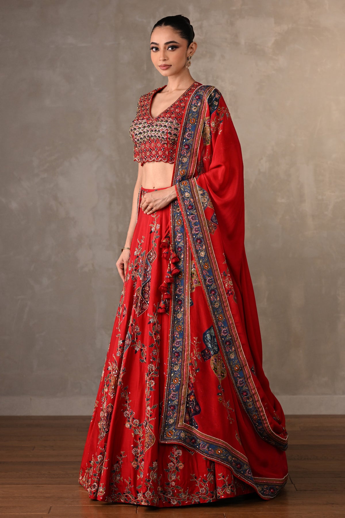 Red Silk Lehenga Set With Thread & Pearl Work