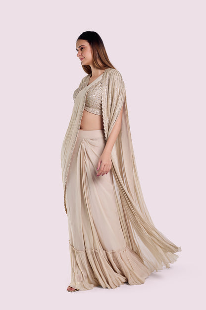 Embellished Drape Saree With Longline Cape
