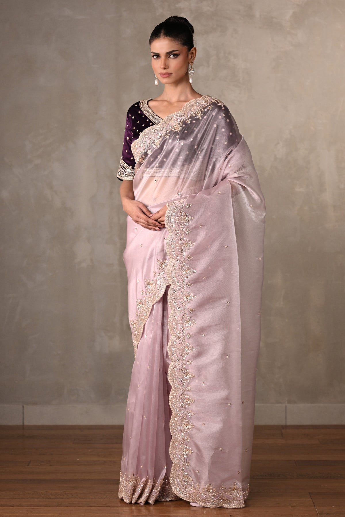 Lavender Organza Saree With Cutdana & Moti Embellishments
