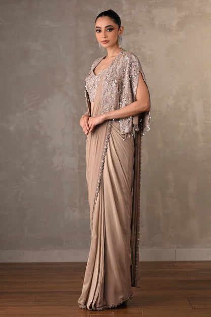 Tone-On-Tone Embroidered Drape Saree With Short Jacket
