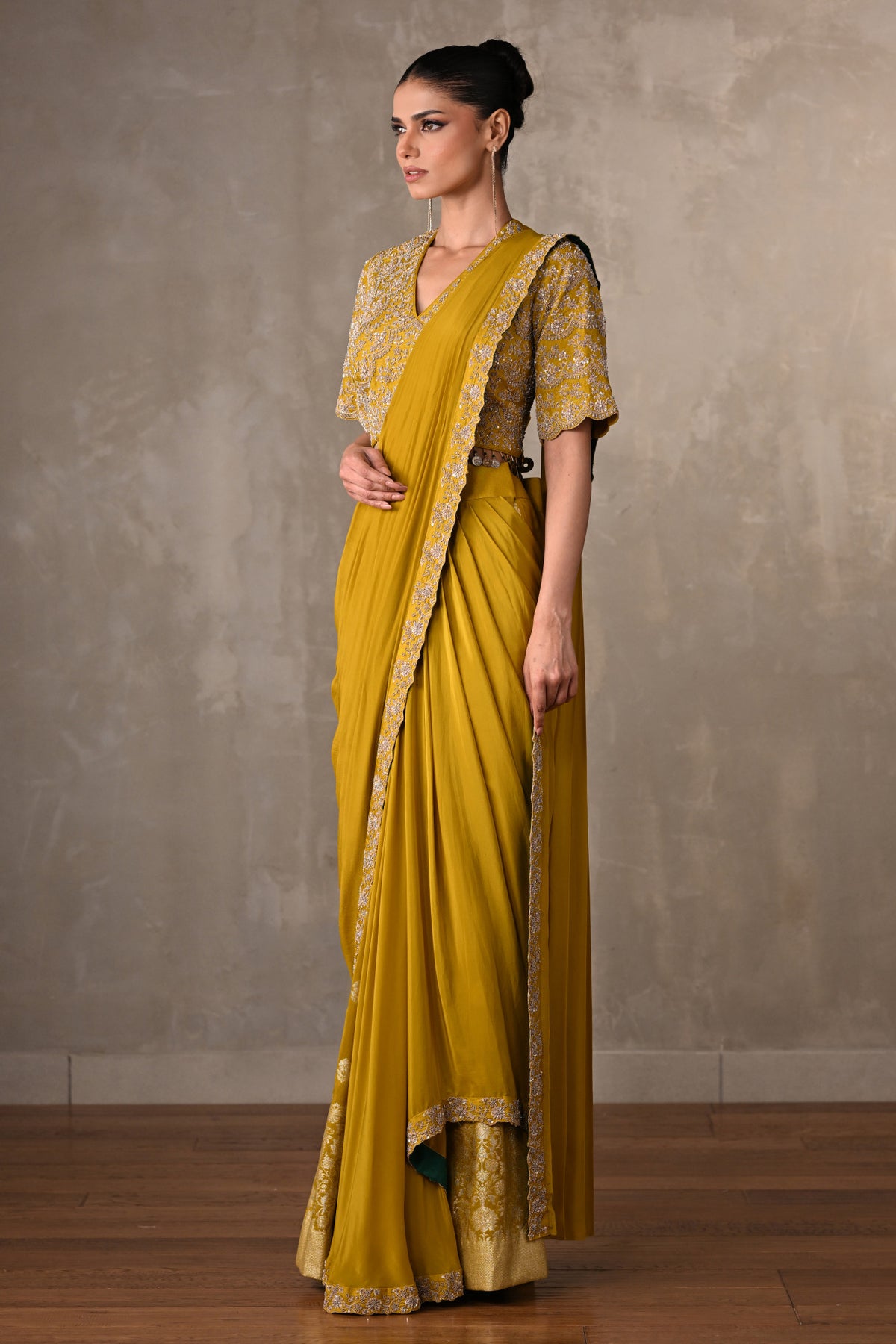 Yellow Embellished Crepe Drape Saree Set