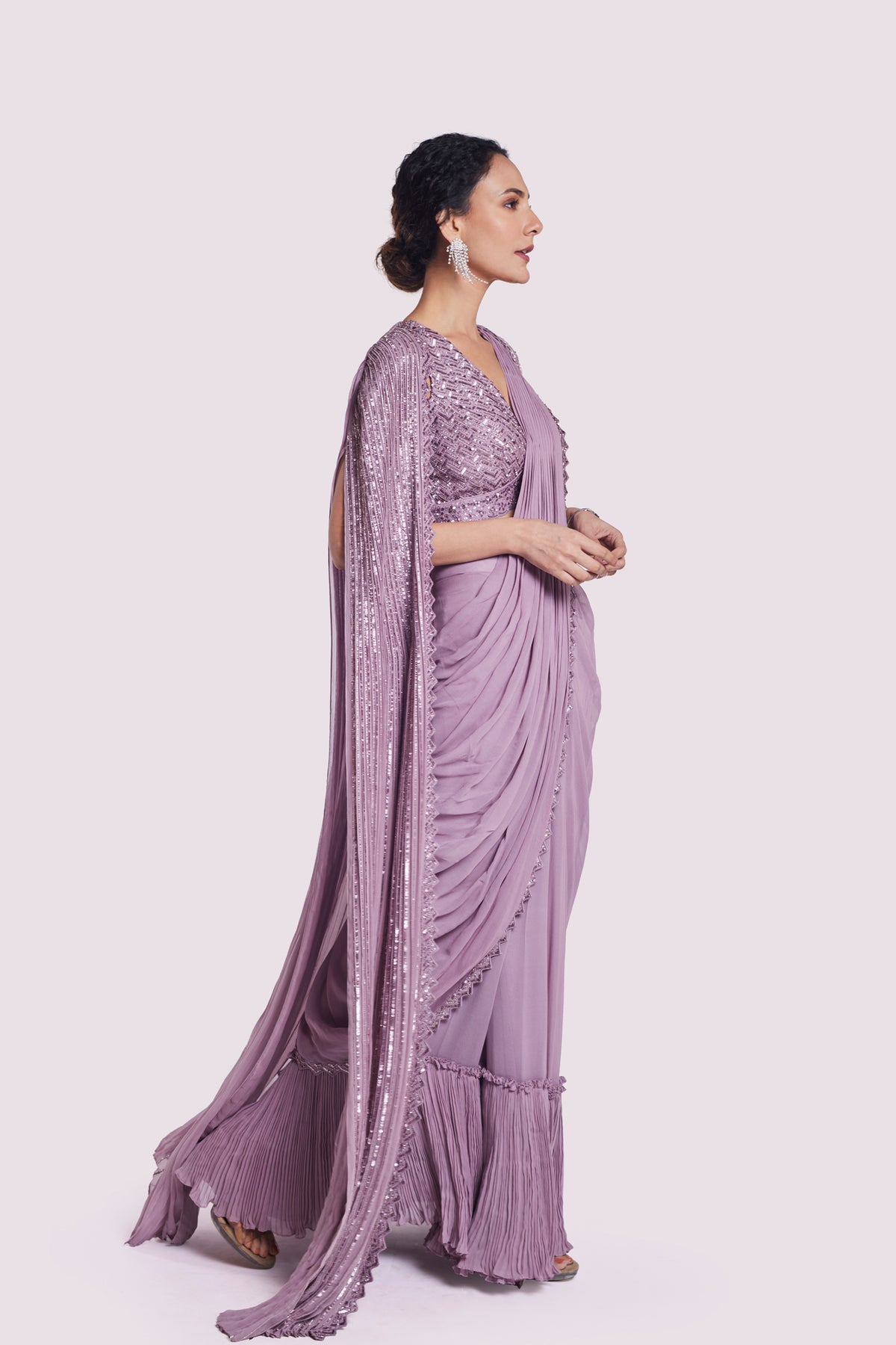 Embellished Drape Saree With Longline Cape