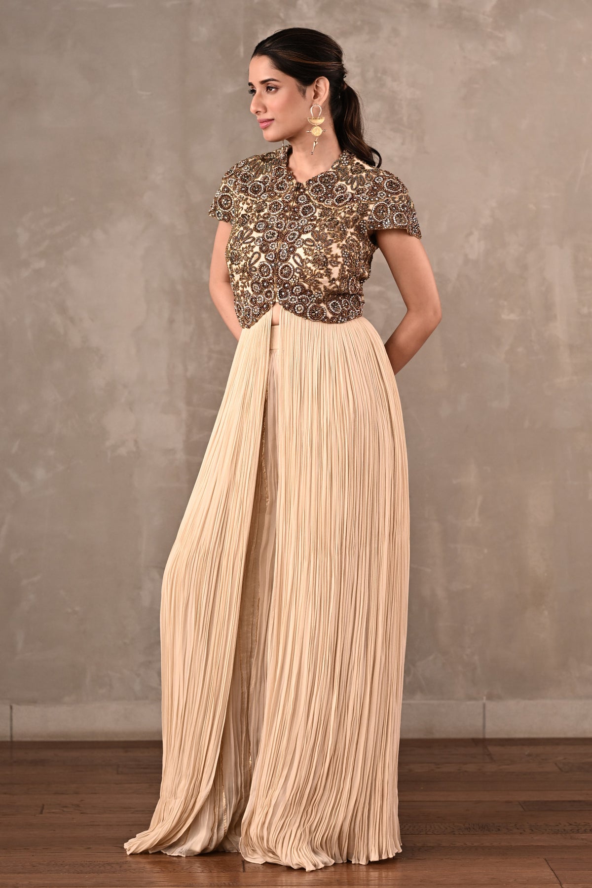 Off-White Embroidered Drape Gown Set