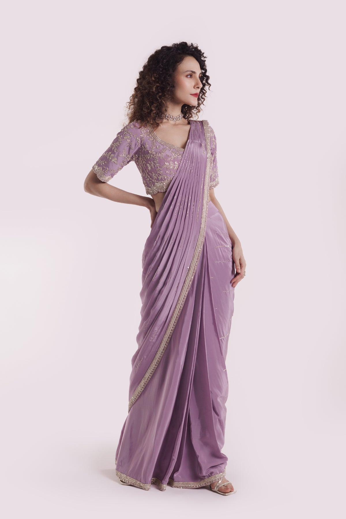 Embroidered Lavender Lycra Drape Saree