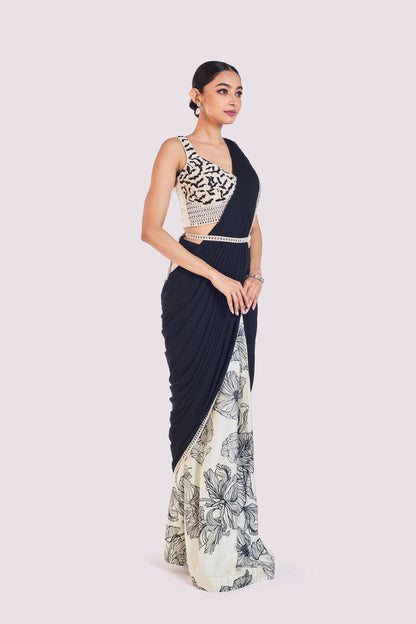 Floral Drape Saree With Contrast Pallu