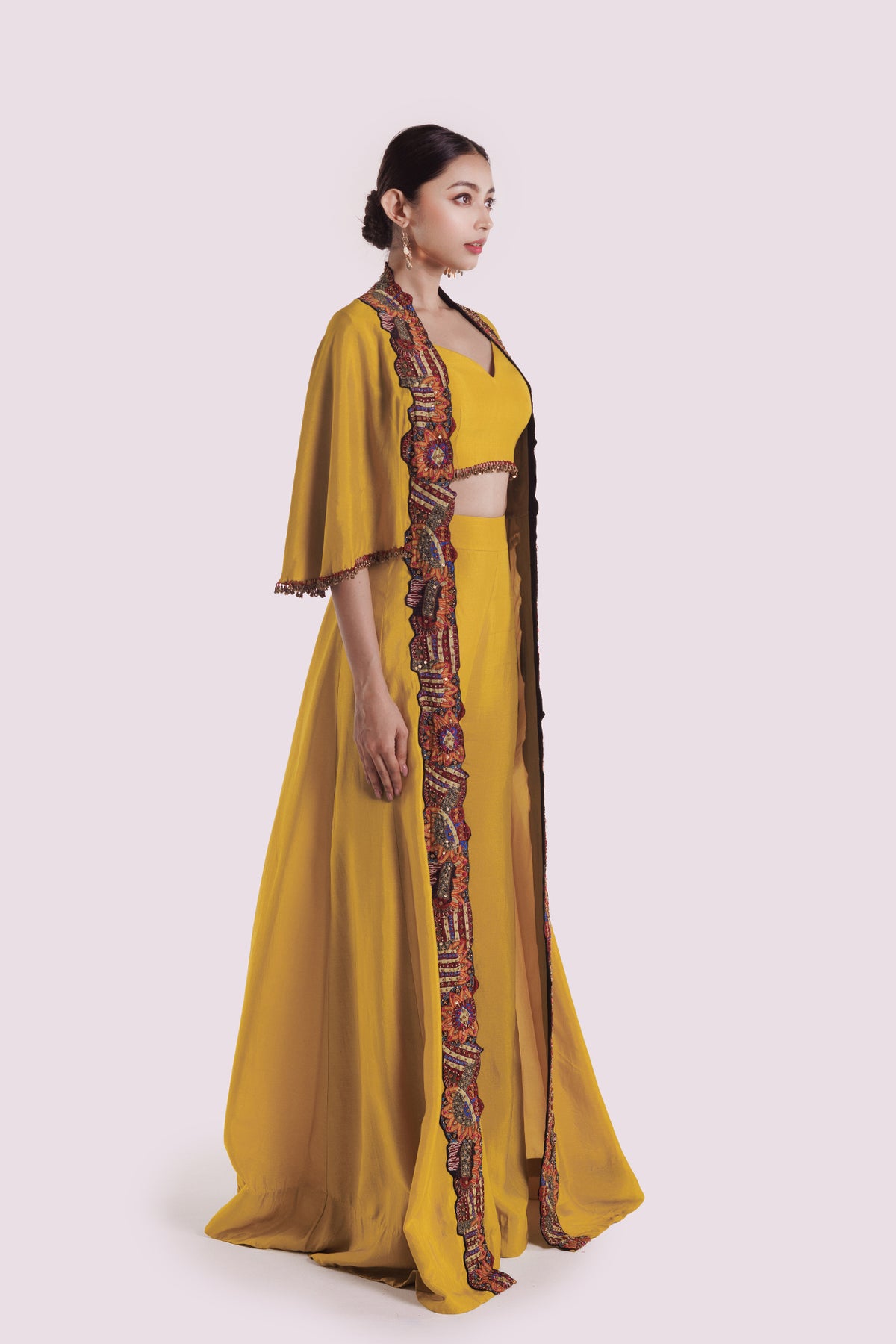 Silk Co-Ord Set With Thread Embroidered Longline Jacket
