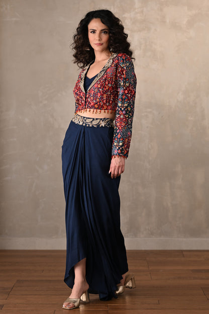 Navy Draped Silk Skirt With Multicolor Embroidered Jacket