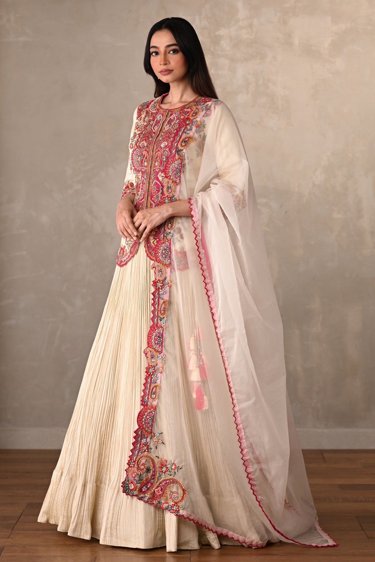 Off White Rouge Crushed Organza Lehenga Set
