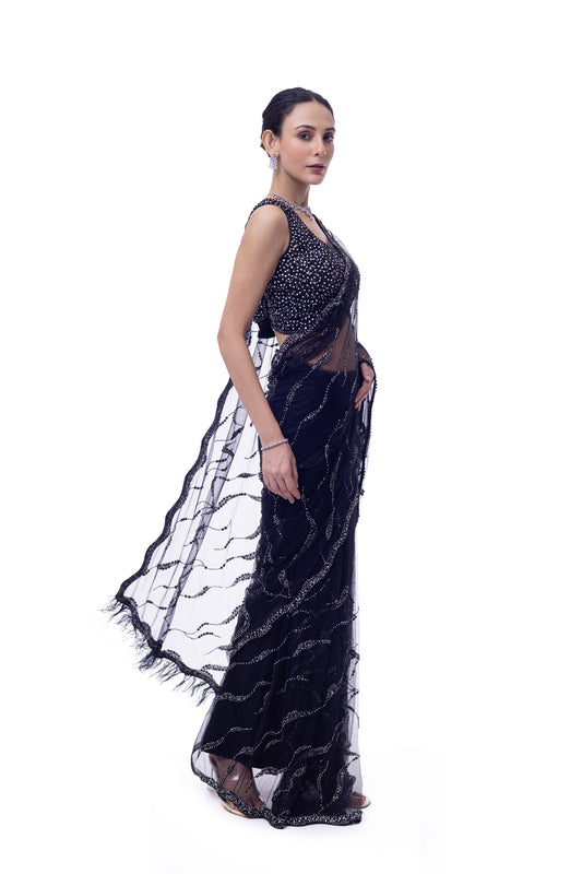Black Embellished Net Saree
