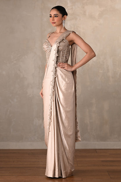 Champagne Gold Satin Draped Gown With Embellished Corset