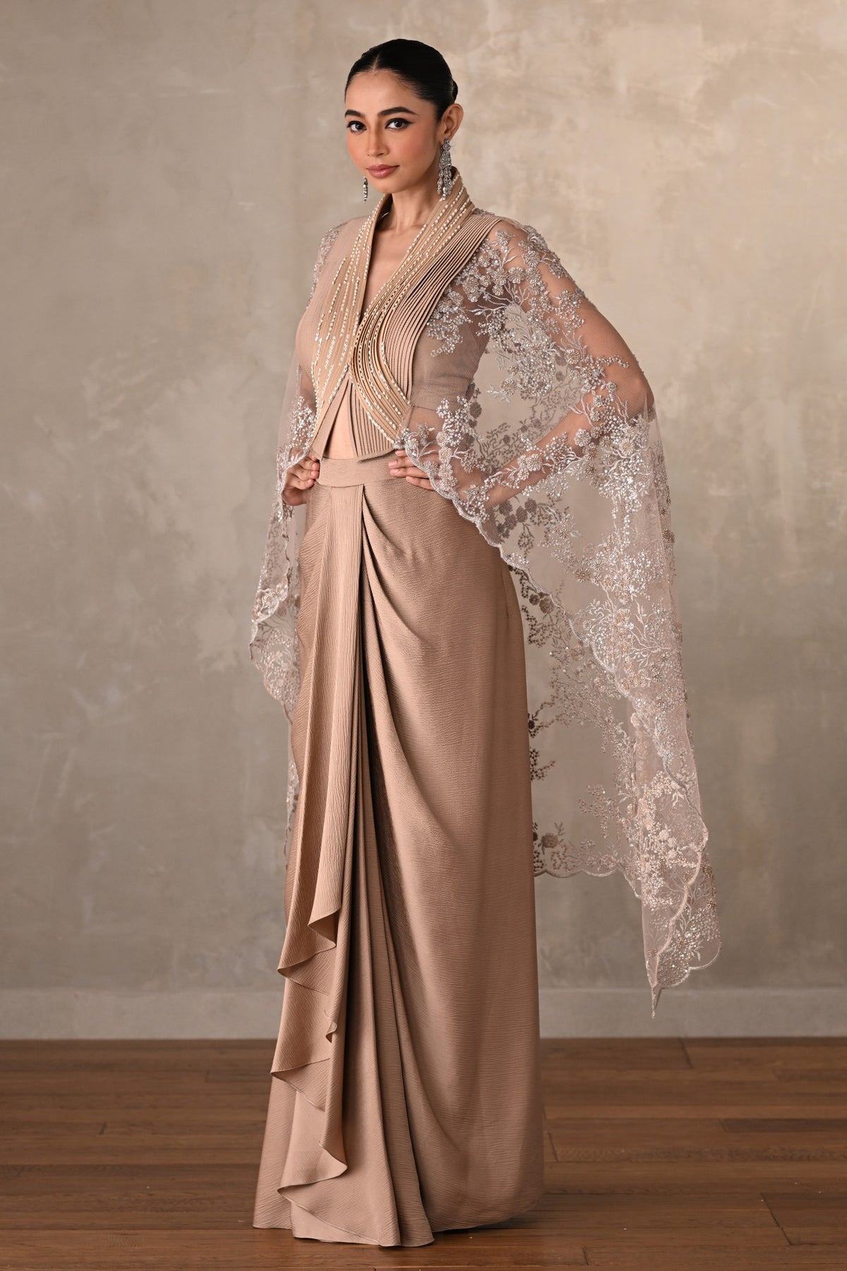 Champagne Satin Draped Skirt with Structured Sheer Cape