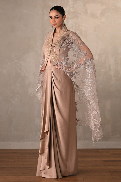 Champagne Satin Draped Skirt with Structured Sheer Cape
