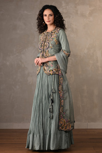 Sky Blue Rouge Crushed Organza Lehenga Set