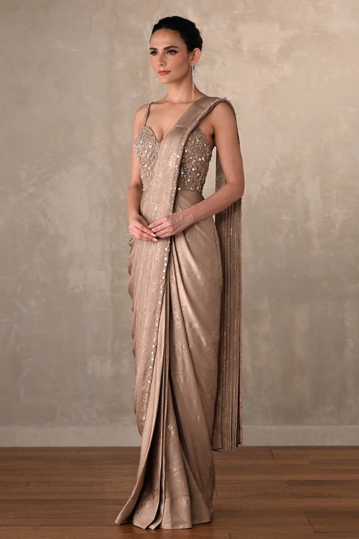 Satin Draped Gown With Embellished Corset