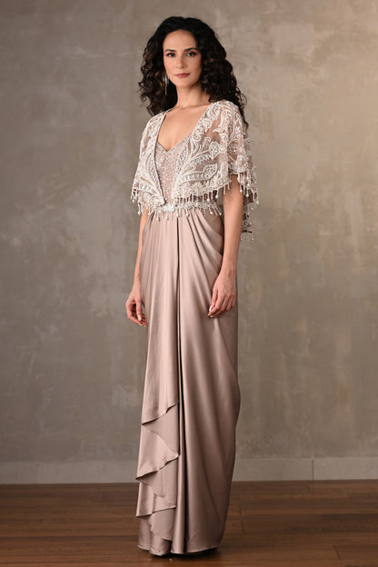 Blush Corset-Style Gown With Embroidered Cape