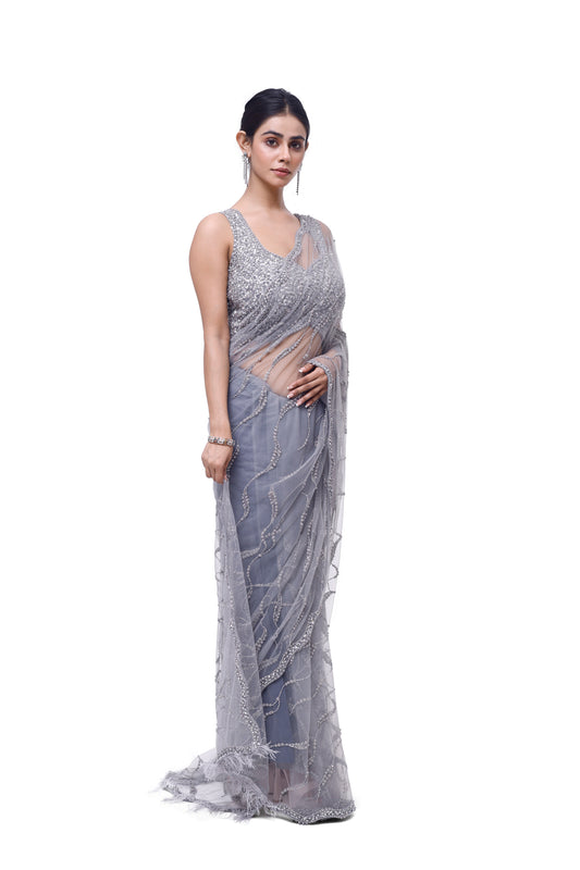 Ash Embellished Net Saree