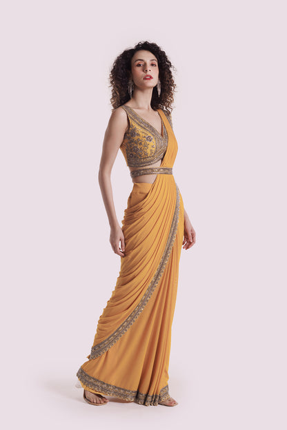 Embroidered Mustard Lycra Drape Saree