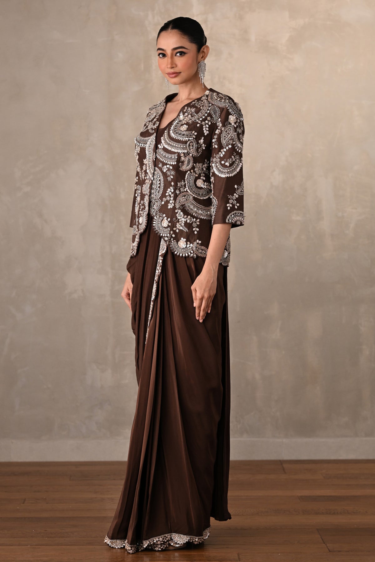 Smoky Crepe Drape Saree With Embroidered Jacket