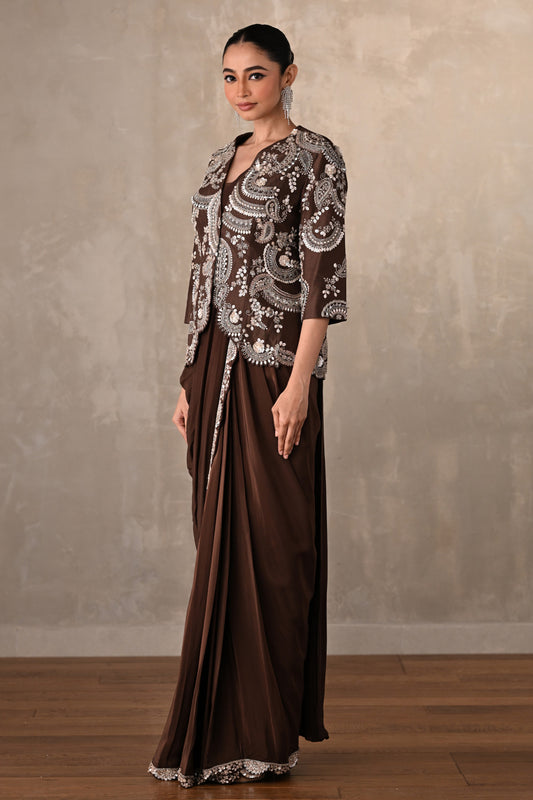 Smoky Crepe Drape Saree With Embroidered Jacket